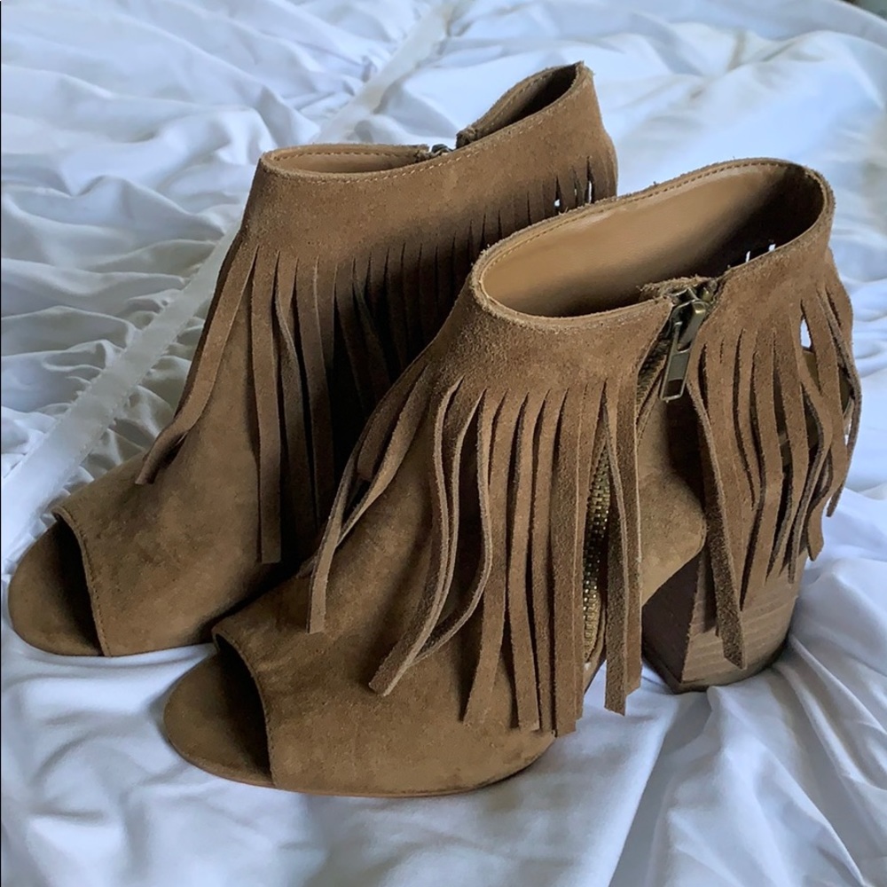 Suede Fringe Open Toe Booties - image 1